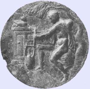 Hermes making the lyre. Bronze relief in the British Museum (Fourth century BC)